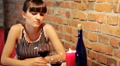 Sad Lonely Woman In Restaurand Drinking Wine