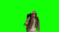 Man With A Coat And A Hiking Stick Running On Green Screen