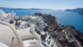 Santorini Tilt-Up Wide From Bottom Of Steps To Top Of Buildings Sparkling Sea