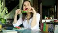 Pretty Woman Eating Tasty, Juicy Watermelon By Table At Home Hd