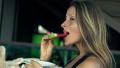 Young, Pretty Woman Eating Watermelon On Sofa On Terrace, Slow Motion Hd