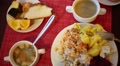 Soup In Mug, Potatoes And Pilaf, Bread And Sweets On Table