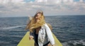 Sexy Funny Girl With Long Hair Running At The Camera On The Sea Background