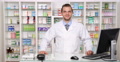 Trustful Pharmacist Man Smiling Portrait Looking Camera Pharmacy Representative