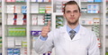 Successful American Pharmacist Man Thumb Up Sign Positive Reply Drugstore Shop