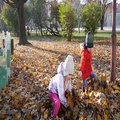 Children Have Fun In A Park Throw Up Yellow Autumn Leaves In Slow Motion