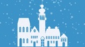 Merry Christmas Banner With White Old Town Silhouette On Blue Background, Blurry