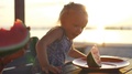 Pretty Baby Girl Eat Watermelon Seaside Beach Sunset Rapid Slow Motion