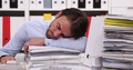 Bookkeeper Man Sleeping On Desk Relaxing Stack Of Folders In Accountancy Office
