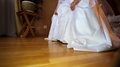 Bride Raises Wedding Dress Shows Foot In Stocking Closeup