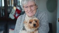 Happy Elderly Lady 80+ At Christmas, Smiling With Dog, Pet Owner In Slow Motion