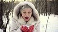 Slow Motion. A Woman, Russian, In A White Mink Coat, A Hood And Red Gloves Bl