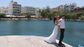 Beautiful Newlyweds On The Background Of A River.