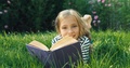 Girl Reading Book. Child Lying In Grass