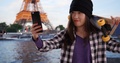 Lovely Millennial Skater Using Technology To Take Selfie In Paris France