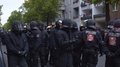 Radical Left Shout Anti Capitalism Slogans, Riot Police Protest, Berlin, Germany