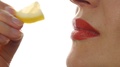 Woman Eating Juicy Lemon, Close-Up Lips. 4k