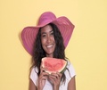 Pretty Asian Girl Wearing Summer Hat Eating Fresh Watermelon