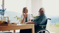 Health Visitor And A Senior Man In Wheelchair At Home, Talking About Medication.
