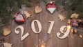 Happy New Year 2019 Concept. Top View On 2019 Figures On Wooden Background