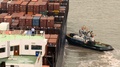 Aerial Shot, Liverpool, Tugboat Pushing Container Ship, Close Up