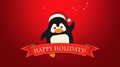 Animated Closeup Happy Holidays Text, Funny Penguin Waving On Red Background