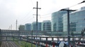 714 Modern Train Station With Parked Trains And With Glass Buildings