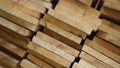 Warehouse Wooden Logs With Processing. Wood Rotation Of Background Of Shelves