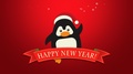 Animated Closeup Happy New Year Text, Funny Penguin Waving On Red Background