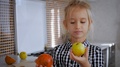 Happy Cute Girl With Fruits In Kitchen, Kids Healthy Eating Concept. Healthy