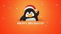 Animated Closeup Happy Holidays Text, Funny Penguin Waving On Orange Background