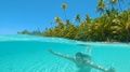 Slow Motion: Happy Woman Diving By The Paradise Island In The Turquoise Ocean