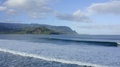Surfer Drone View In Hanalei Bay Kauai Hawaii. Aerial Shot Of Breaking Waves