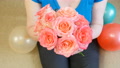 Woman Holding Big Pink Roses Bunch, Happy Mother's Day Concept, Holiday Concept