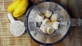 Milk Pouring In A Blender With Ripe Banana, Rolled Oats And Honey, Super Slow