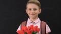 Nice Little Boy With Rucksack Holding Bouquet Of Tulips, Happy Mothers Day, Gift