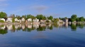 Scenic Waterfront, Park, Homes, Tranquil Water With Reflections