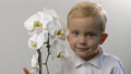 Blooming Orchid Flowers And Portrait Of Cute Little Blonde Baby Boy