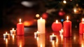 4k Dolly Video Of Lots Of Burning Red And White Candles On Wooden Table Against