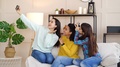 Happy Multiracial Girls Taking Selfie Photo At Home