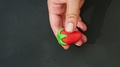Top View Closeup Woman Hands Make Red Strawberry Shaped Marzipan Candy