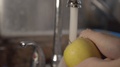 Washing A Small Yellow Apple Under The Faucet With Two Hands. -Medium Shot