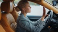 Closeup Businesswoman Punching Steering Wheel. Sad Girl Standing In Traffic Jam