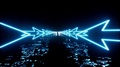 Neon Arrows Move Space. Creative Cover Design. Abstract Glowing Blue Line. Space