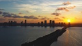 Aerial Rotate Down Of Golden Sunset Of Miami Beach And Biscayne Bay And