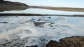 Ice And Water In Highlands Of Iceland. Drone Aerial View Of Shallow Lake