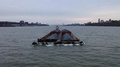 Aerial Of A Double Barge Transports Goods Down The Hudson River Near New York