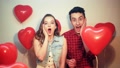 Man With His Lovely Sweetheart Girl Shocked. Lover's Valentine Day. Valentine C