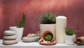 Hand Lighting Up Candle On White Shelf With Cactus, Succulent Plant And Room
