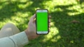 Hand Of Unidentified Male Holds Vertical Green Screen Mobile Phone In Garden